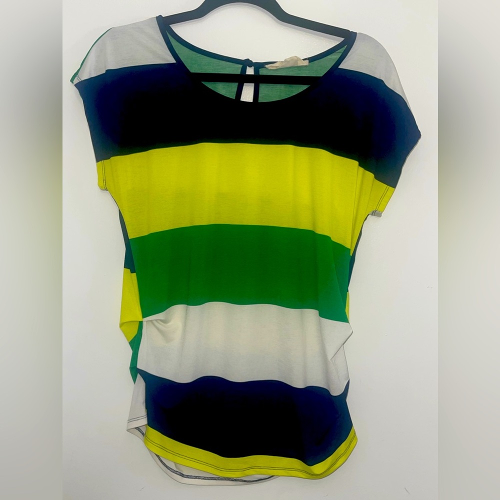 Size medium short sleeve shirt. Green, yellow navy blue and white stripe.